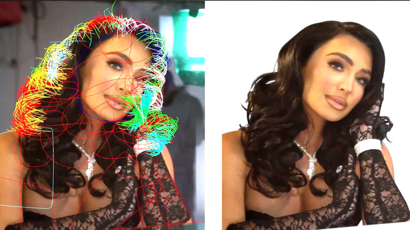 Left: dense coloured roto splines drawn over a portrait, concentrated around curled hair. Right: the same subject cleanly extracted onto white.