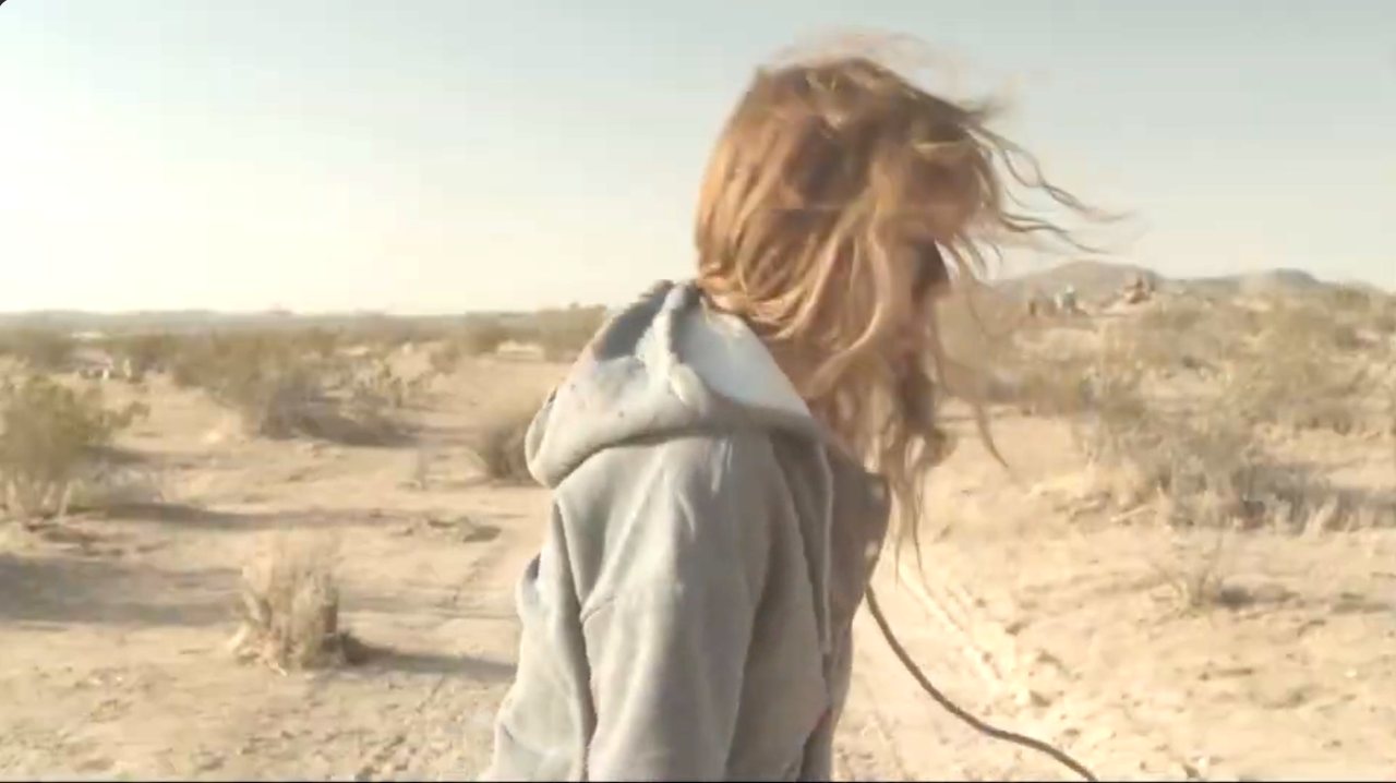 Original plate: a figure in a desert with hair blowing across the frame.